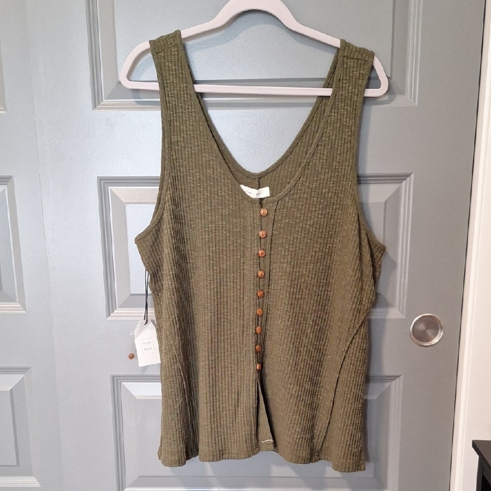 CLEO + WOLF Olive Relaxed Button Down Slub Tank
